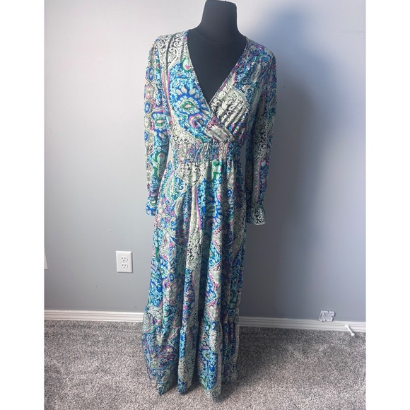 Boho Paisley Print V-Neck Maxi Dress Blue Purple Smocked Waist Tiered - Picture 5 of 12